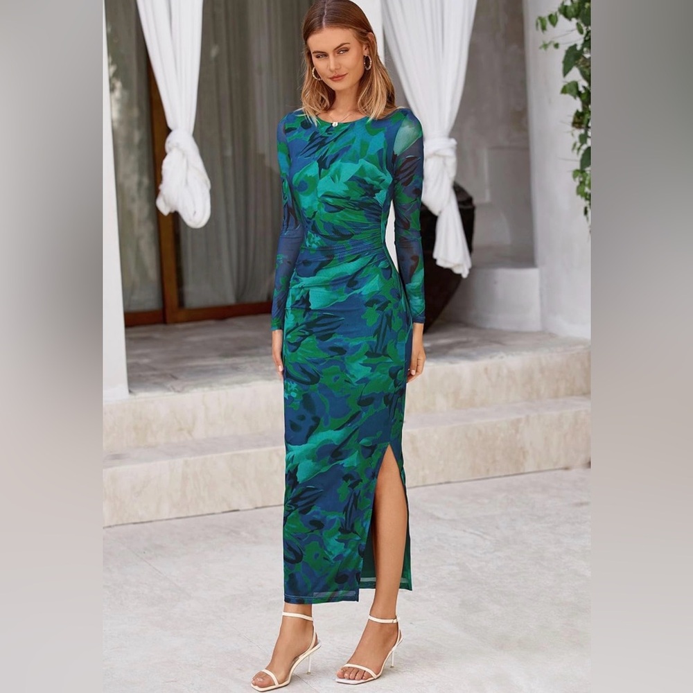 Green & Teal Long Sleeve Dress